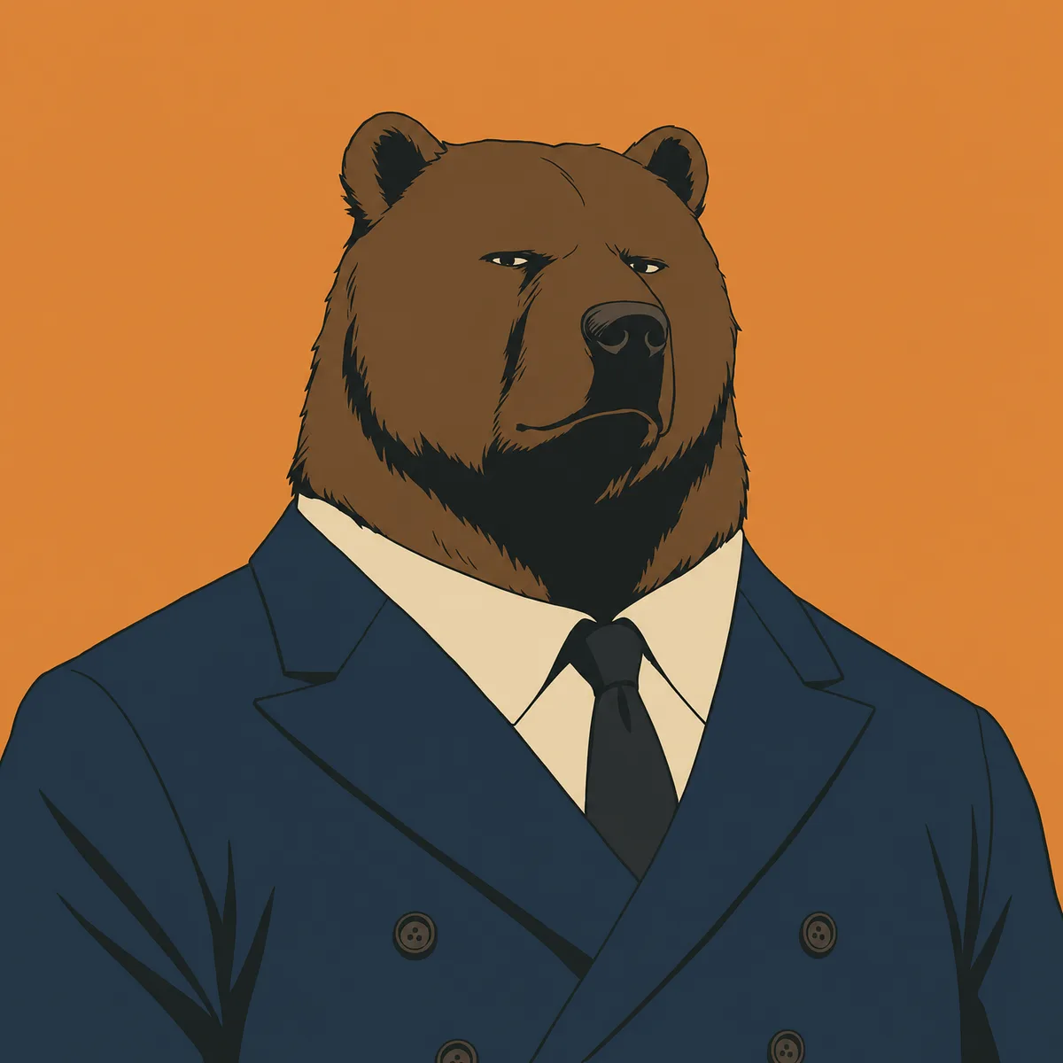 Dean, drawn as a brown bear in a navy double-breasted suit against a flat warm-orange field