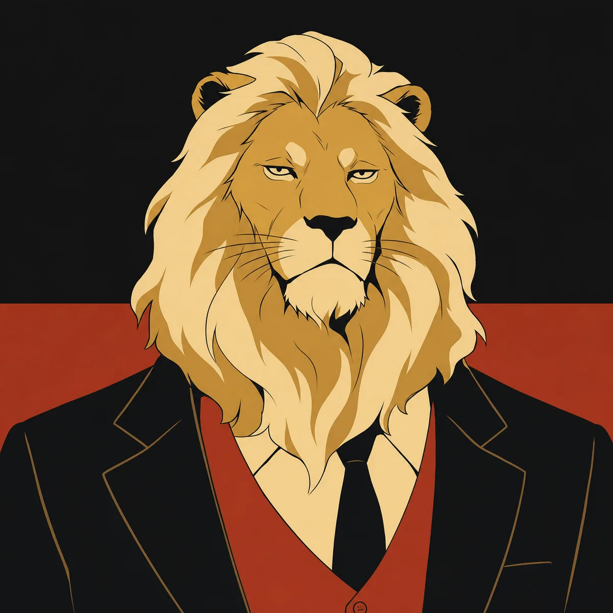 Josh, drawn as a lion in a black jacket and rust waistcoat against a flat black field