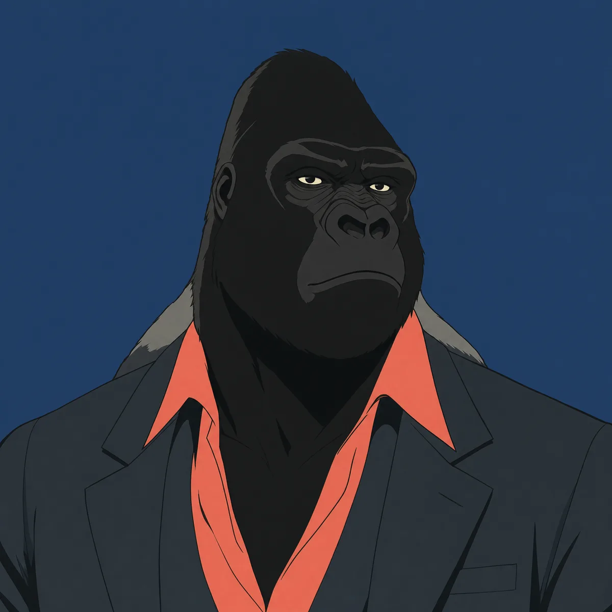 Miles, drawn as a silverback gorilla in a charcoal suit and coral shirt against a flat dusk-blue field